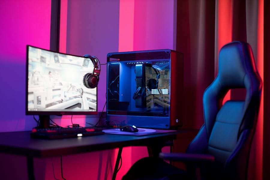 Gaming PC and monitor setup with pink and blue lighting