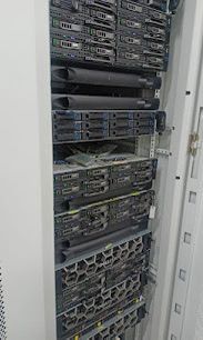 Stacked rack servers mounted inside a datacenter cabinet