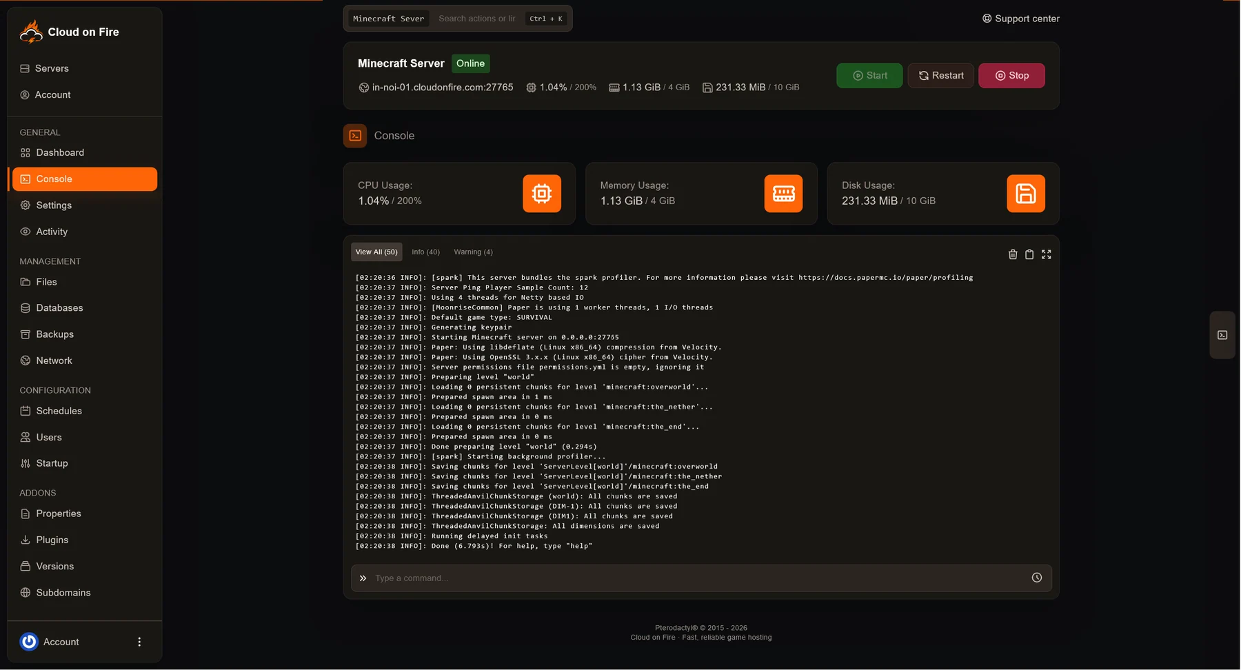 Cloud on Fire Minecraft control panel showing live console logs, resource usage and server management navigation